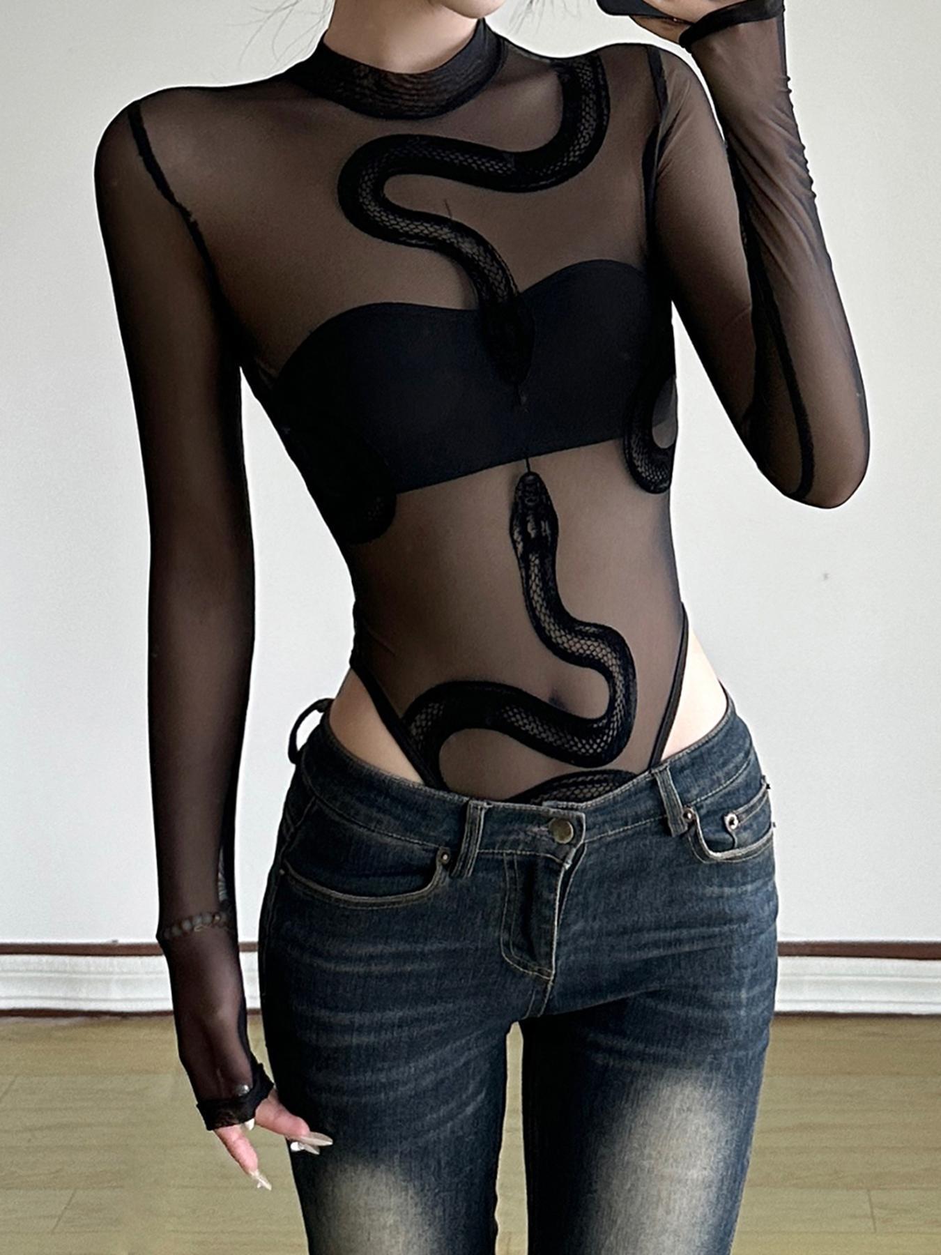 Sheer Velvet Snake Print Mesh Bodysuit, Womenswear, Sexy Slim-Fitting All-In-One for Summer, Elegant and Bold Fashion Statement Piece