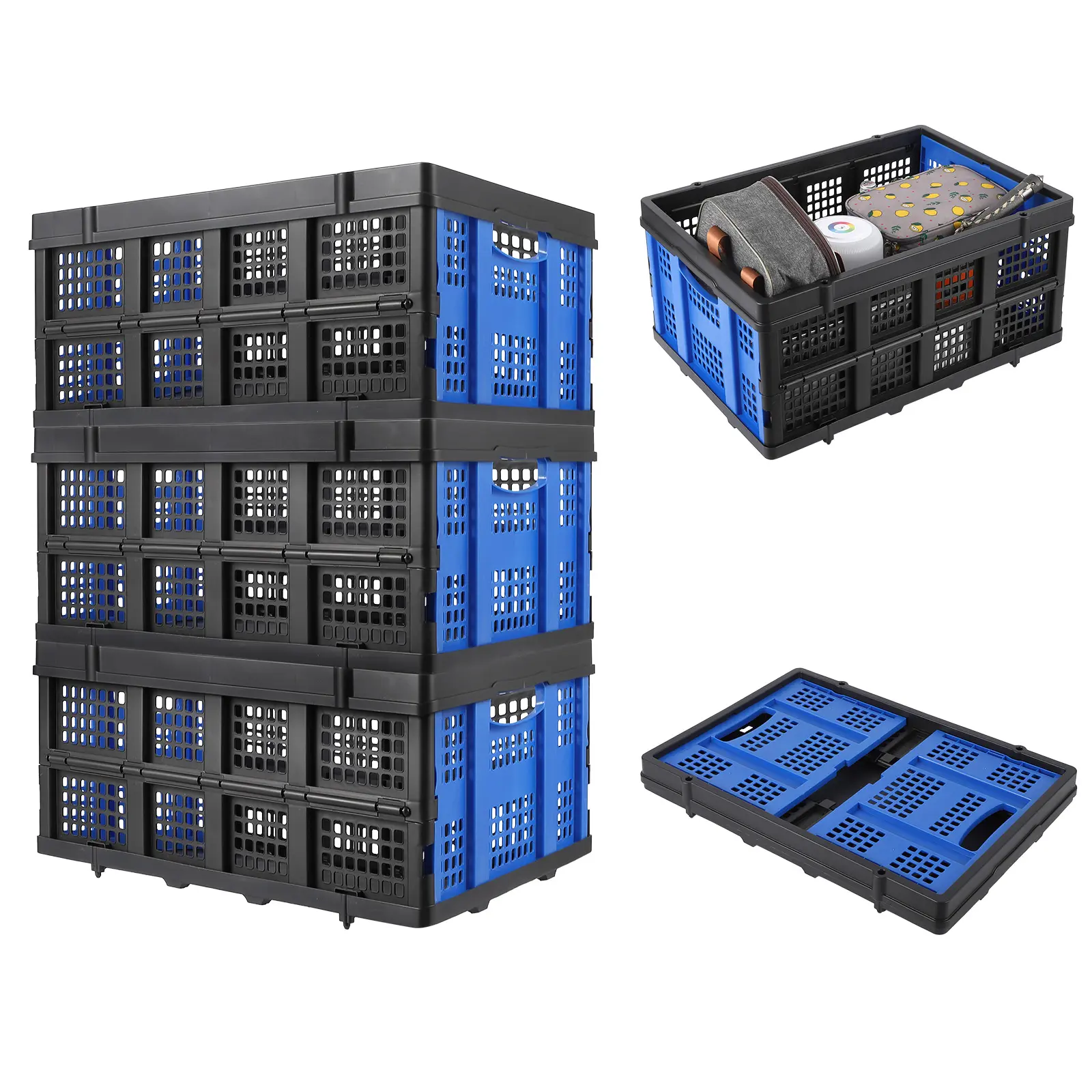 55L Heavy‑Duty Folding Plastic Storage Crate, Stackable Collapsible Utility Basket Equipped with Convenient Carrying Handles, Durable Space‑Saving Organizer for Household, Office, Garage and Study Room, Red Finish