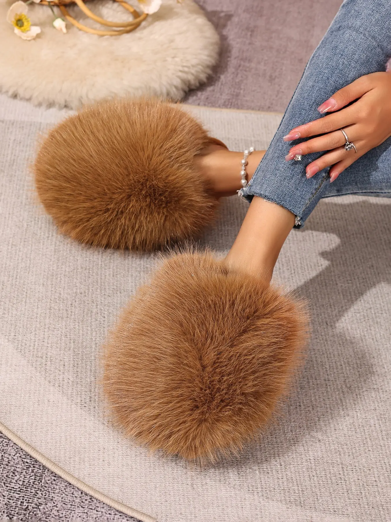 New Plush Toe Half Slip-On Shoes for Women, Thick Sole Platform No Heel Lazy Home Outdoor Wear, Warm Cotton Slippers for Autumn Winter