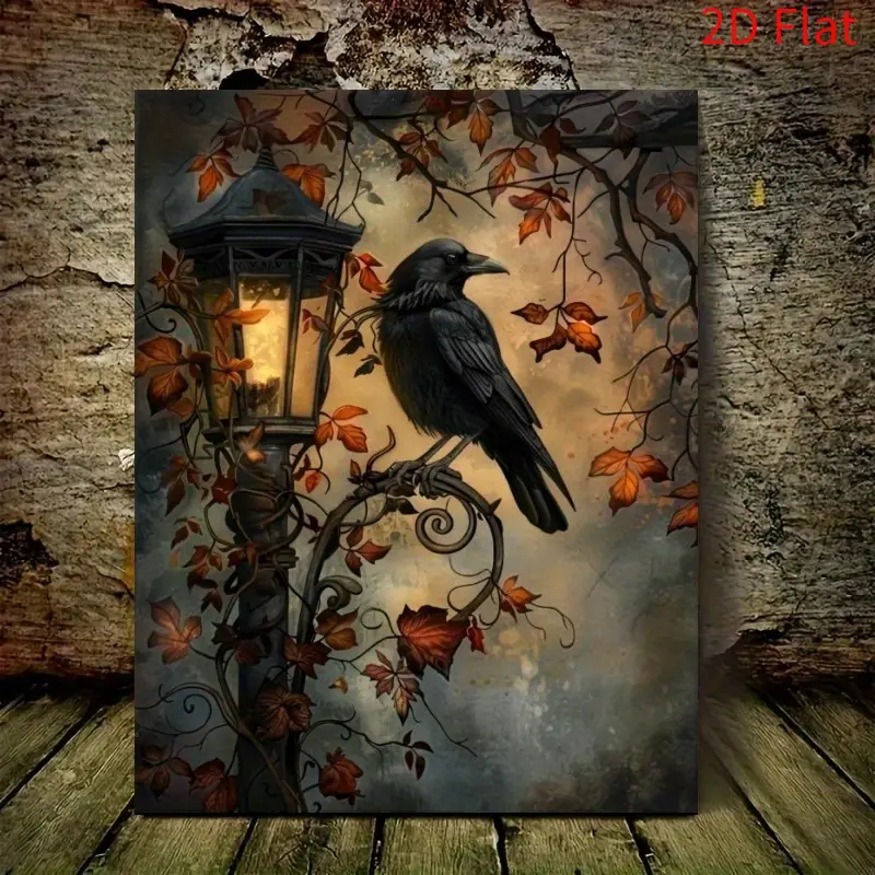 Gothic Raven Streetlamp Canvas Wall Art - Dark Academia Framed Poster Prints for Bedroom Living Room Decor Halloween Christmas Gift
