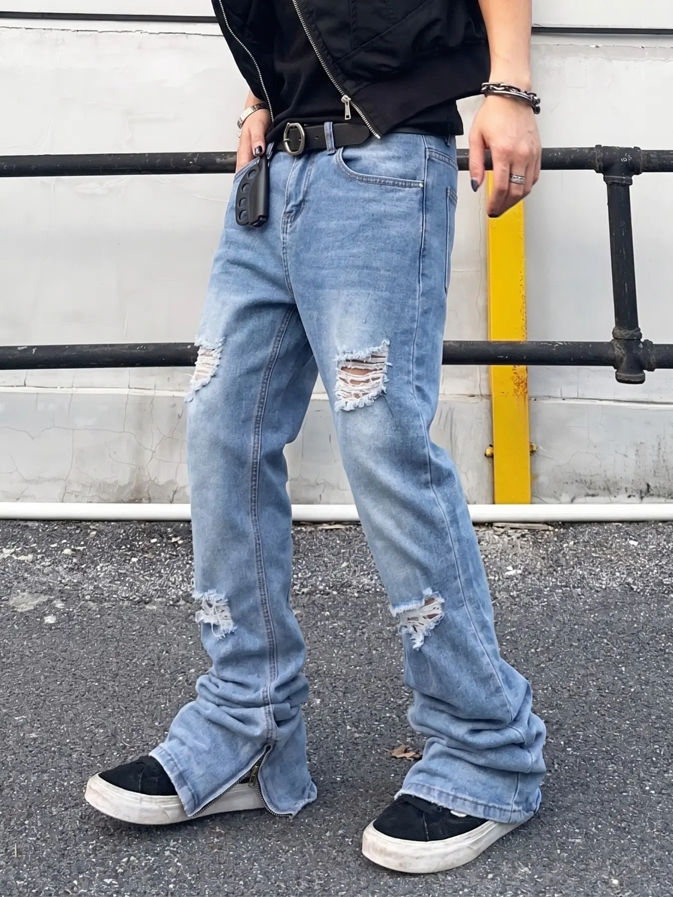 Men's Light Blue Washed Ripped Bell Jeans, Side Zipper Ankle Stack Long Vintage Y2K Street Style, All Seasons Fitted Plain Jean Pants