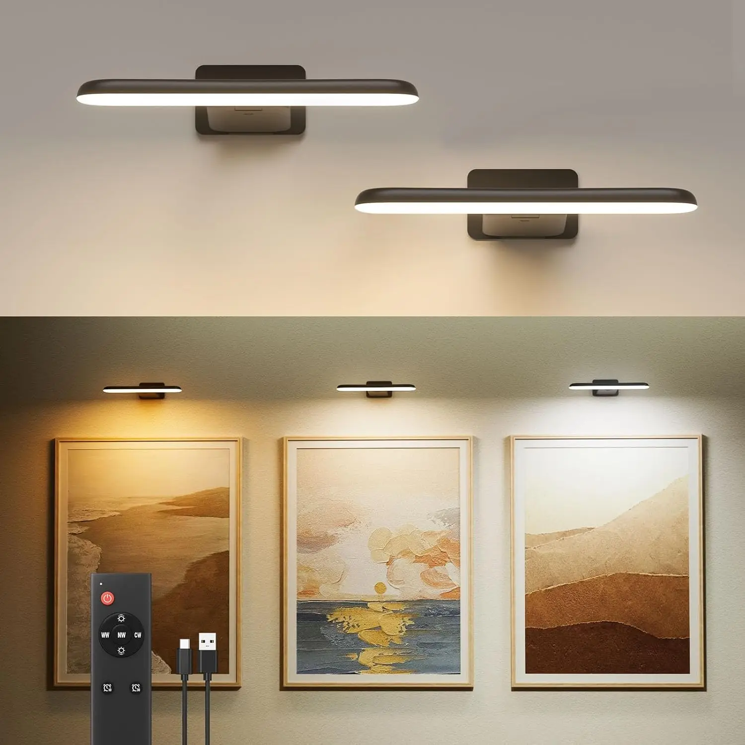 2 Pack Battery Operated Rechargeable Picture Lights for Wall Art, LED Wall Sconce Cordless with Remote, Frame Gallery Dartboard Lights No-Drill, Black