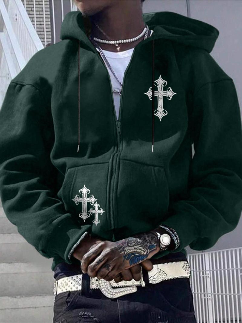 Men's Cross Print Drop Shoulder Zip Up Hoodie, Gothic Rock Hoodie, Fashion Casual Regular Fit Drawstring Pocket Hooded Sweatshirt for Daily Holiday Outdoor Wear, Men Clothes for Fall & Winter