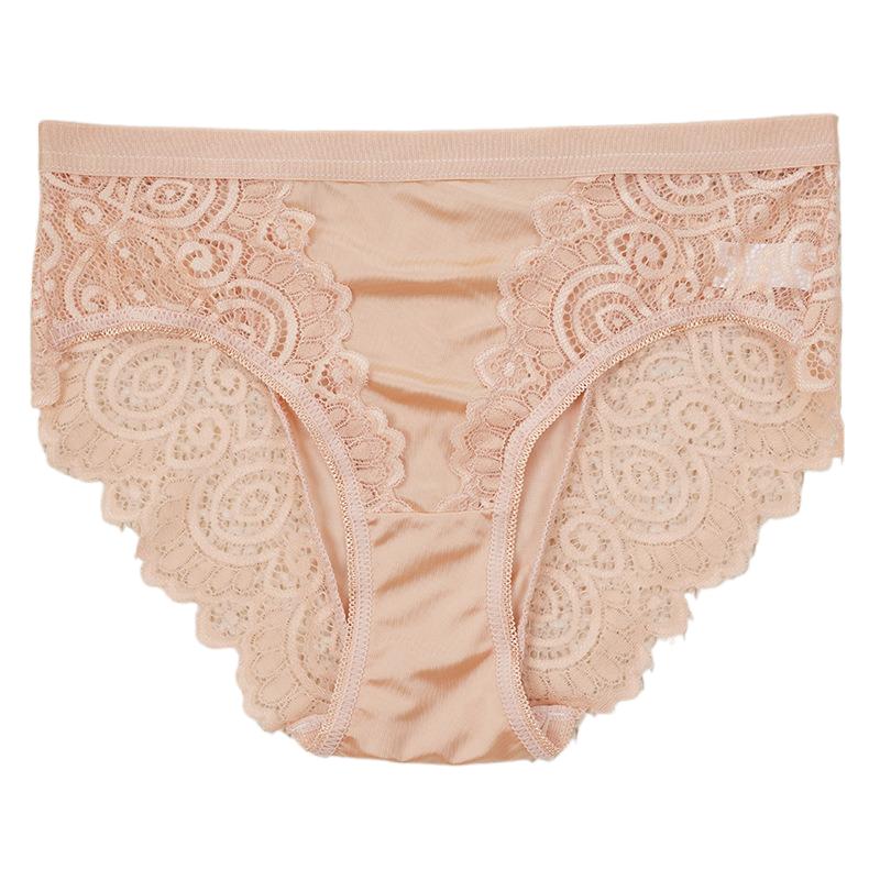 Lace underwear women's mid waist sexy European and American size patchwork see through lace triangle pants