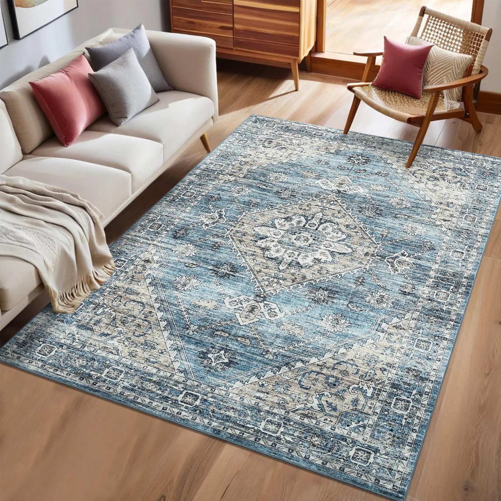 Vintage Distressed Oriental Floral Area Rug Soft Non-Shedding Stain-Resistant Non-Slip Washable Decor Rug For Bedroom Living Room Dining Room Laundry Room Entryway Indoor Home Decor