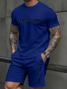 Men CHICAGO Letter Print 2 Piece Outfit Solid Color Short Sleeve T-Shirt Drawstring Shorts Summer Casual Matching Tracksuit Set