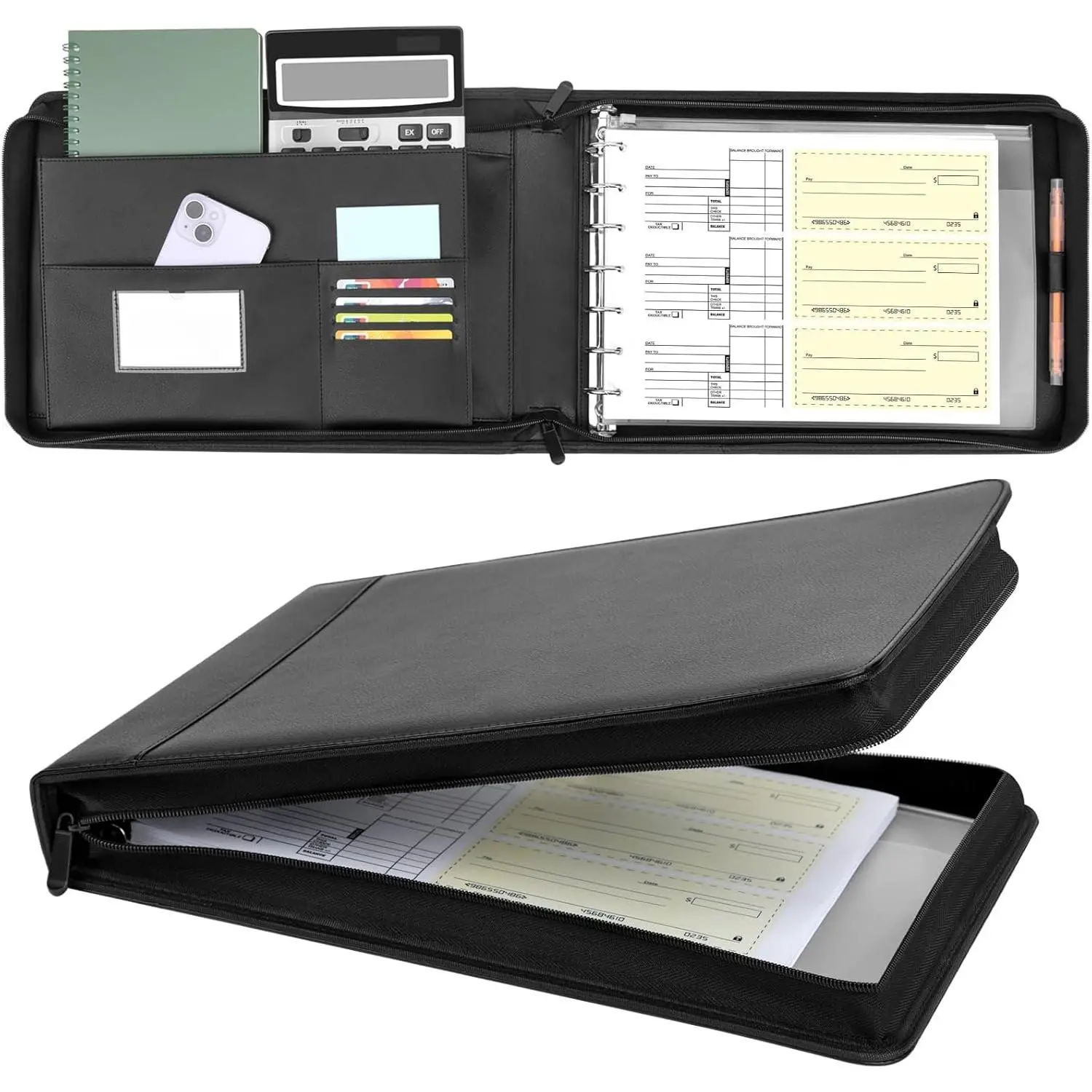 Business Checkbook Binder with Zipper Pouch, 7 Ring PU Leather Binder Holds 600 Checks Capacity 9 x 13 Inch Sheet, Portfolio for Executive Office Supplies, Black
