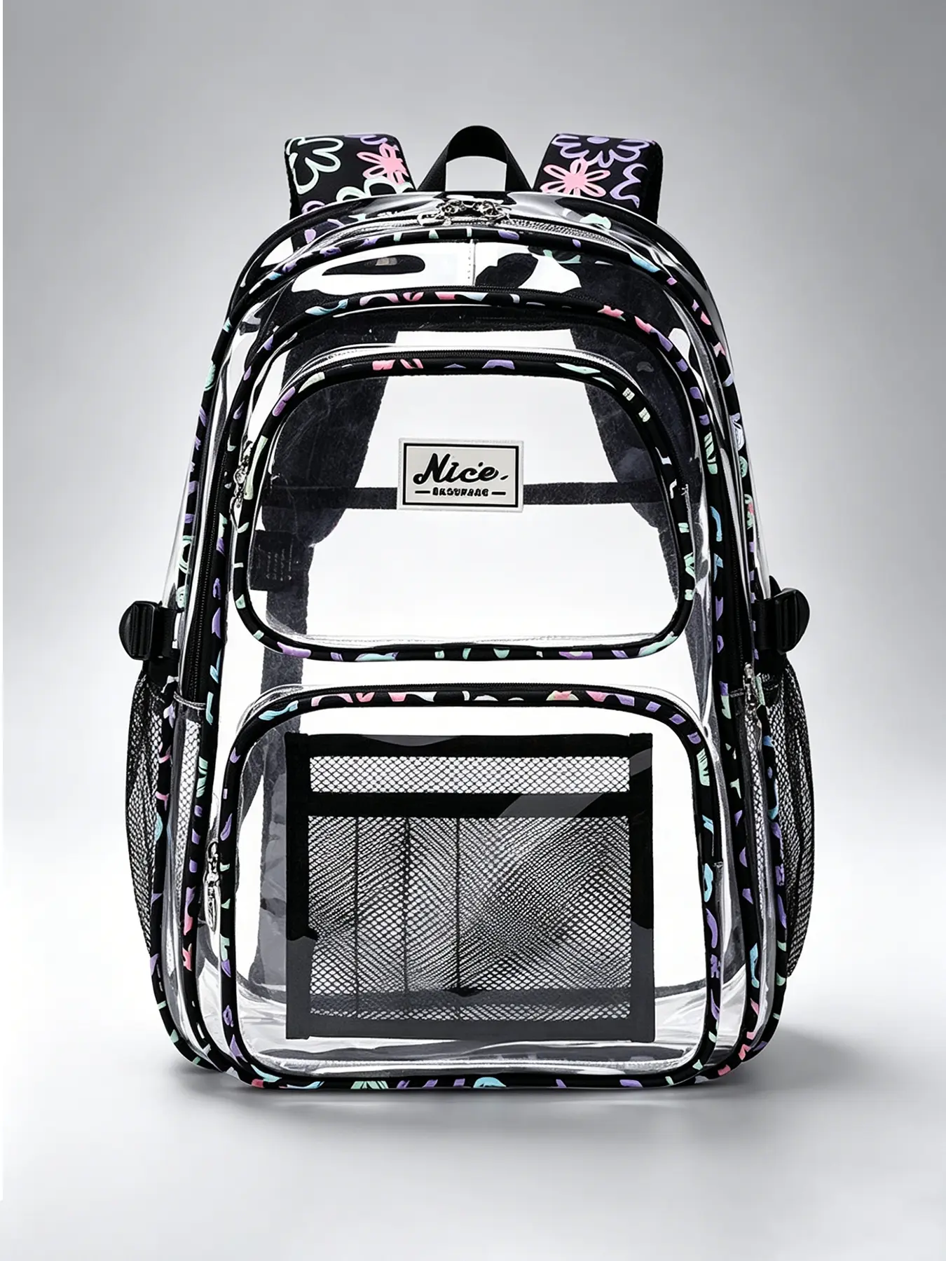 1pc Large Capacity Clear Transparent Backpack, Black Base Colorful Floral Trim See Through Daypack with Multi Zipper Pockets, Mesh Side Pouches Padded Shoulder Strap Bag for Daily Campus Event Trave
