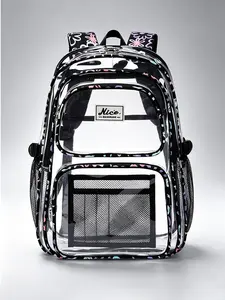 1pc Large Capacity Clear Transparent Backpack, Black Base Colorful Floral Trim See Through Daypack with Multi Zipper Pockets, Mesh Side Pouches Padded Shoulder Strap Bag for Daily Campus Event Trave