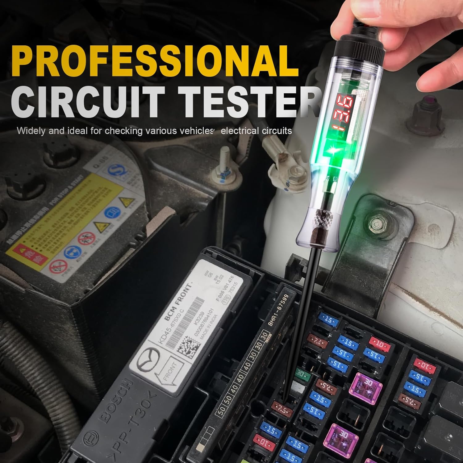Automotive 5V-90V Digital LED Circuit Tester, Bidirectional Light Tester, Electrical Voltage Tester with Extended Spring Wire
