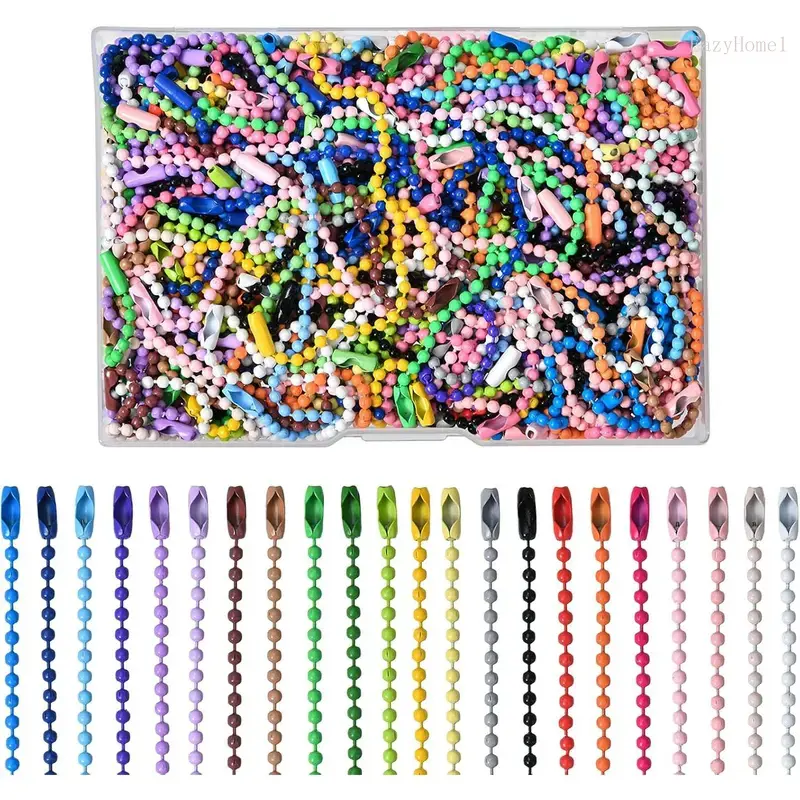 200-Pcs Iron Metal Round Ball Bead Chain Bulk Pack, 4.7in Small Keychain Chains with Connectors for Hanging Decorations, Dog Tag Attachment