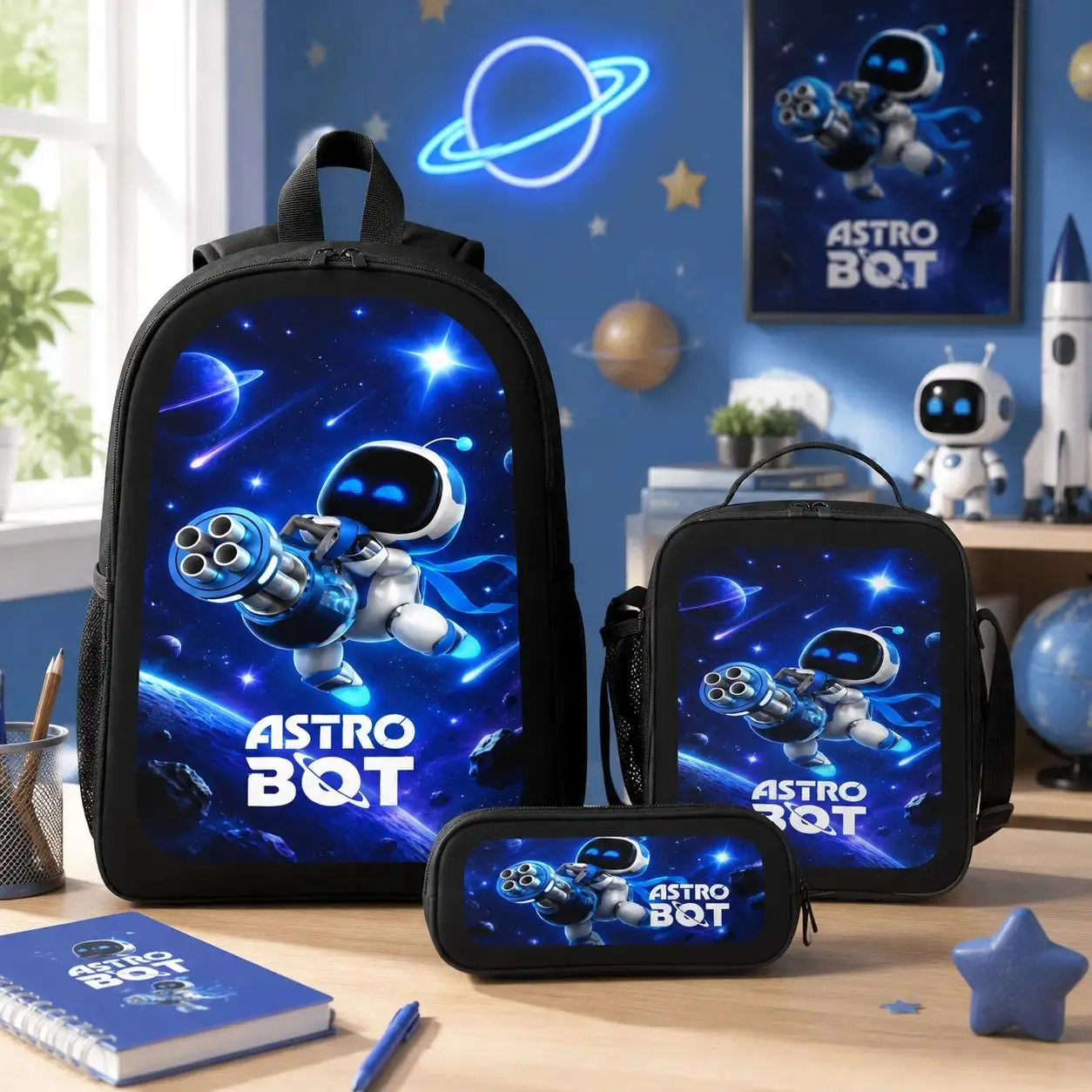 Casual Astro Bot Outdoor Backpack 3pc Set Laptop Daypack Print   Travel Backpack School Work Camping Travel Bag Aesthetic Lightweight Backpack TikTok Viral Back To School Gift Birthday Gift Travel Essentials Student Set Lunch Bag Pencil Case Organizer Set