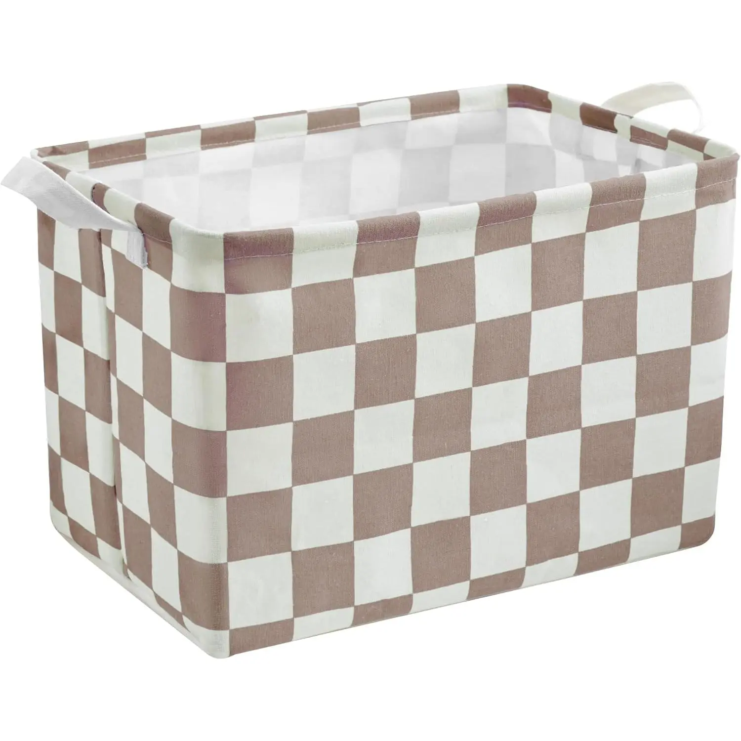 Khaki White Checkered Canvas Basket, Rectangular Organizing Decorative Storage Basket for   , Cute Aesthetic Checkered Room Decor for , Kitchen, Bedroom, Classroom, Shelves