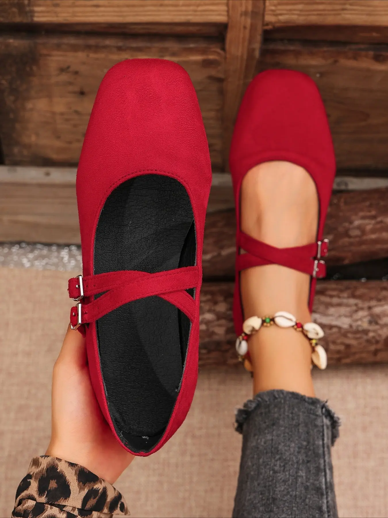 Square toe leopard Mary Jane flats with metal buckle strap multi-color vintage elegant slip-on shoes for women daily wear