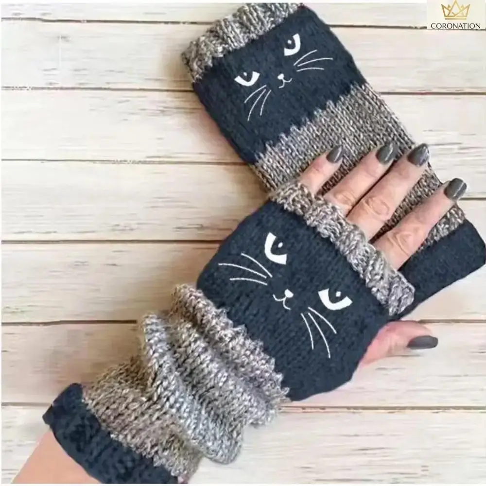 Women’s Fingerless Knit Gloves, Cute Cat Embroidery Half Finger Gloves with Cozy Aesthetic Style, Stretchy Warm Hand Covers, Lightweight Flexible Fit Winter Accessories for Daily Wear, Office, Outdoor Activities & Casual Outfits
