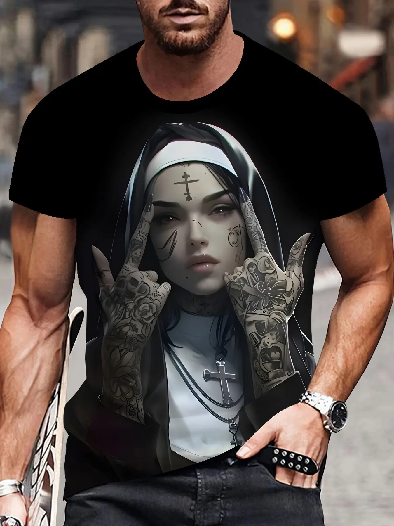 Men's Casual 3D Digital Print T-Shirt, Trendy Cartoon Design, Comfortable Polyester Round Neck, Ideal for Daily Streetwear, All Seasons