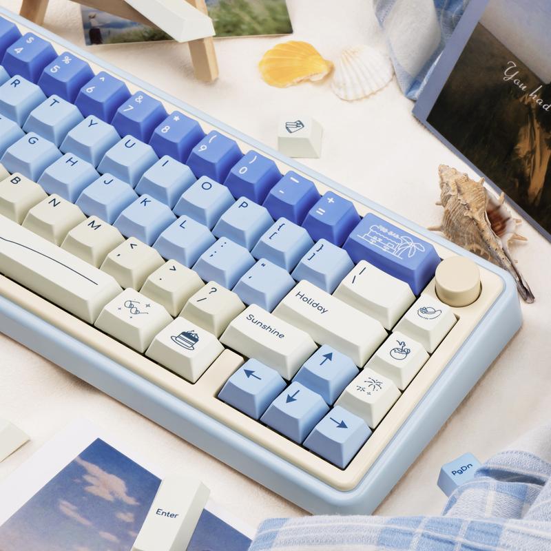 Blue White PBT Keycaps, MOA Profile, Custom Keyboard Keycap, Minimalist Style Dye Sub Keycaps, 130 Keys Anime Keycap Set for Cherry Gateron MX Switches Gaming Keyboard
