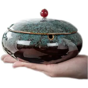 5.7" Ceramic Windproof Ashtray with Lids for Indoor Outdoor Use Desktop Ash Holder for Smokers Home Office Decoration