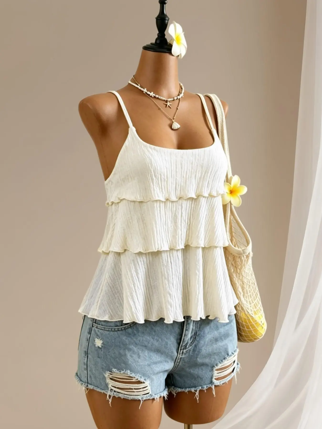 Fresh Vacation Casual Style Square Neck Three-Layer Ruffle Thin Strap Lightweight Women Top, Textured Pleated Loose Belly Concealing Beach Outerwear Strapless