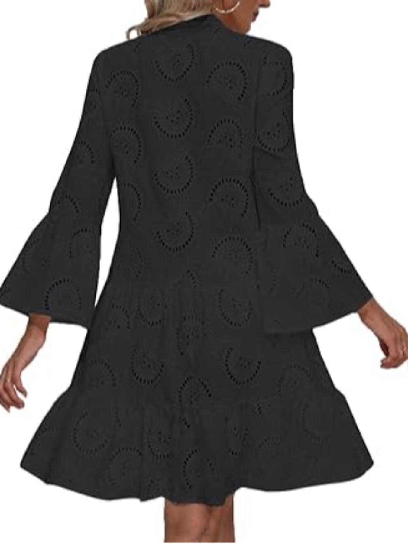 Plain Eyelet Embroidery Notched Neck Long Sleeve Smock Dress, Elegant Flounce Sleeve Button Dress for Vacation Holiday, Women's Clothes for All Seasons