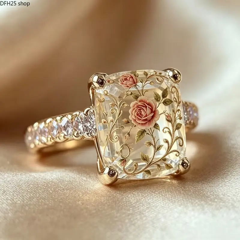 Floral Print Statement Ring for Women and Men, Vintage Rose Pattern with Rectangular Crystal Center, Gold Tone Unisex Jewelry for Daily Wear and Gifts