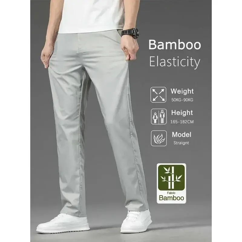 Men's Thin Bamboo Summer Casual Pants High Quality Stretch Slim Fit Classic Fashion Formal Straight Trousers Black Gray Khaki Chinos