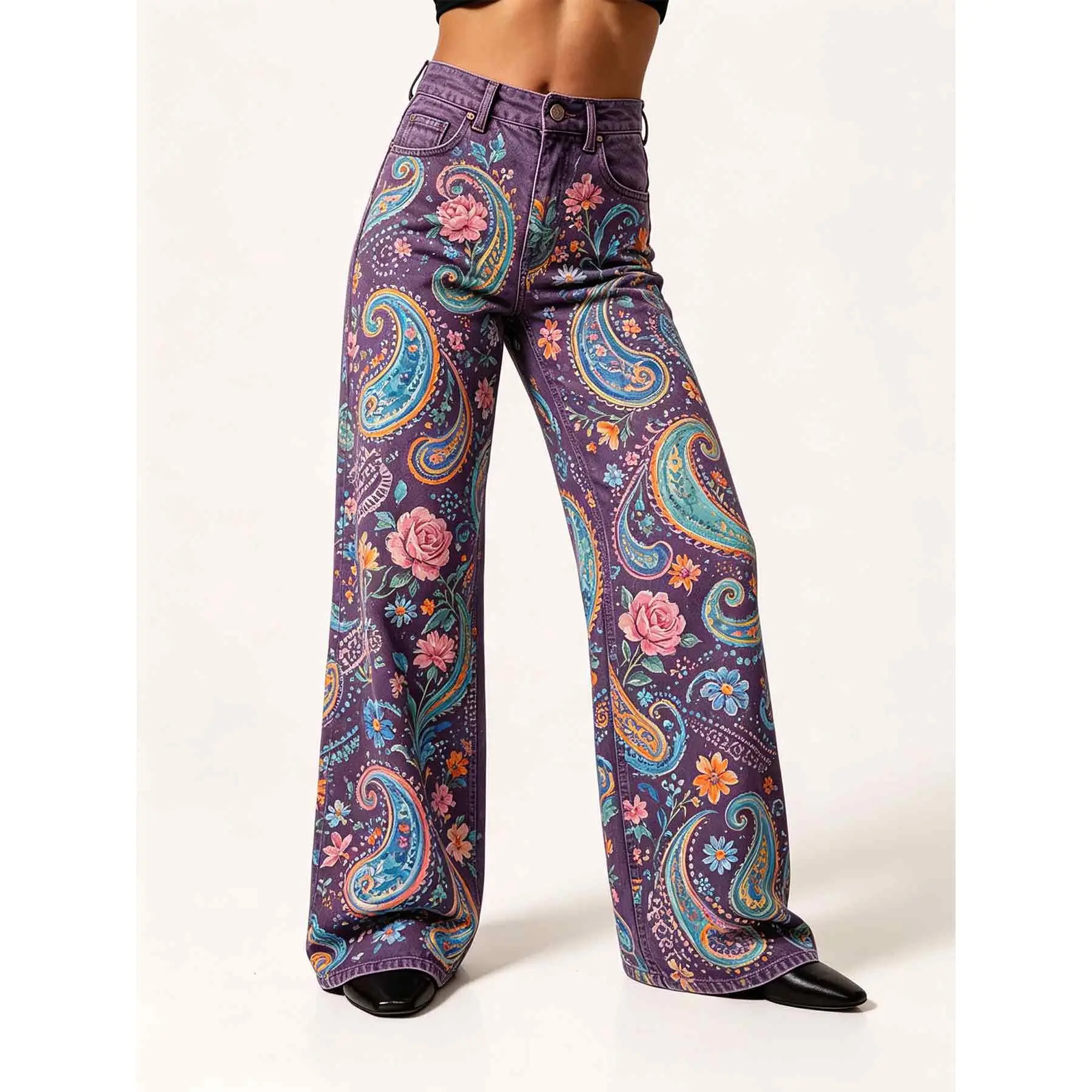 Women’s Paisley Floral Print Denim Wide Leg Pants, High Waist Purple Graphic Jeans, Loose Fit Boho Streetwear Pants