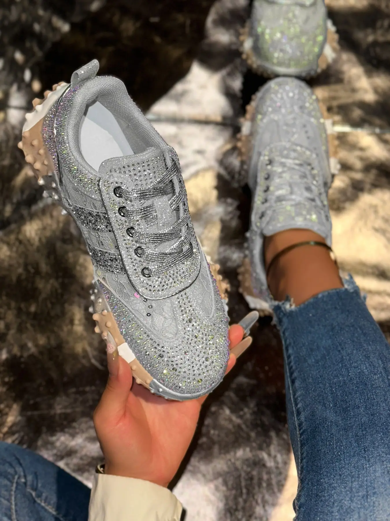 French Rhinestone Petal Dad Shoes for Women, Fashionable All-Seasons High Heel Anti-Slip Athletic Sneakers, Elegant Casual Travel Shoes