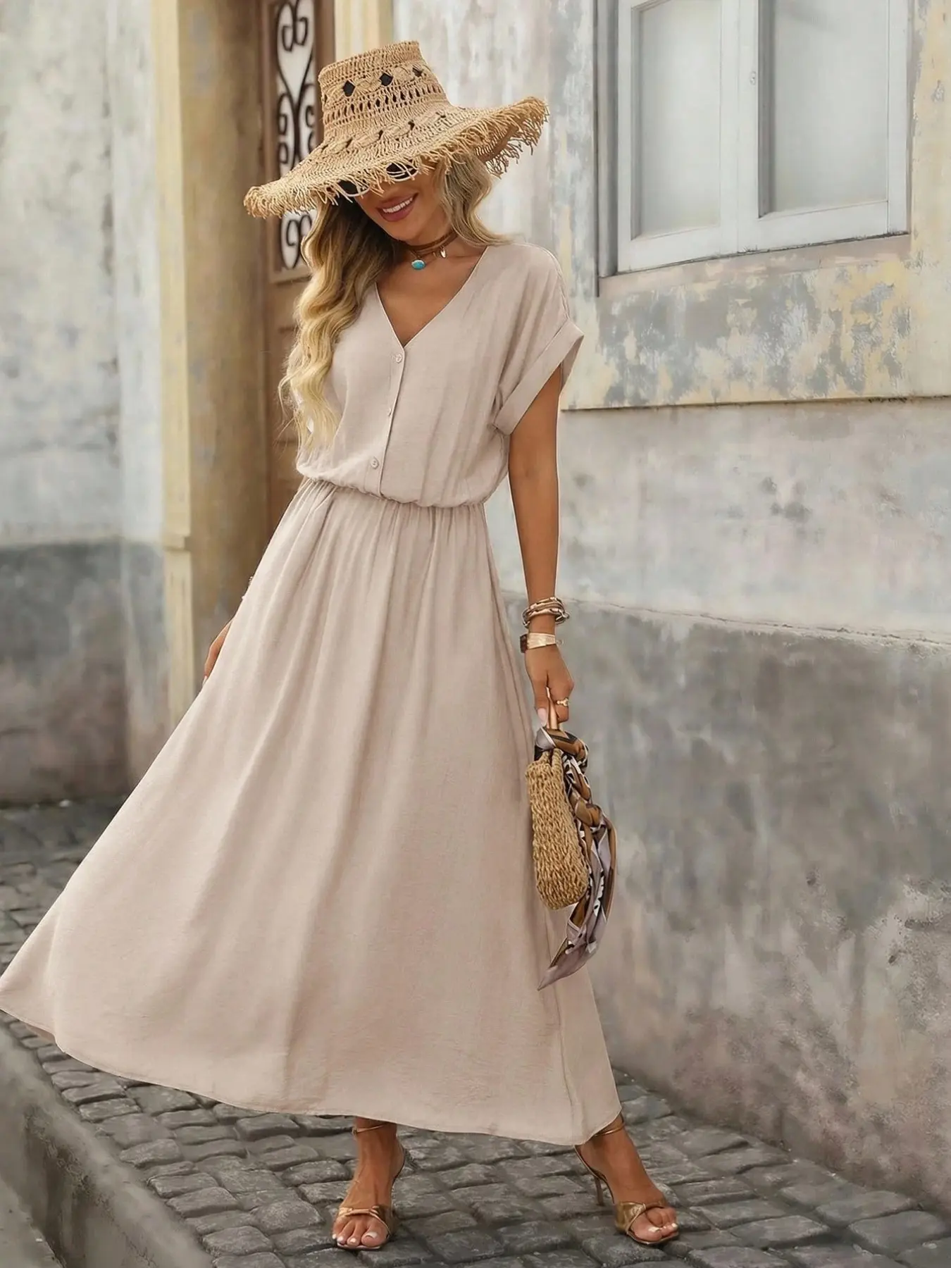 Women's Casual Loose V Neck Half Open Front Short Sleeve Dress, No Belt, Suitable for Daily Commute, Medium-Length Dress