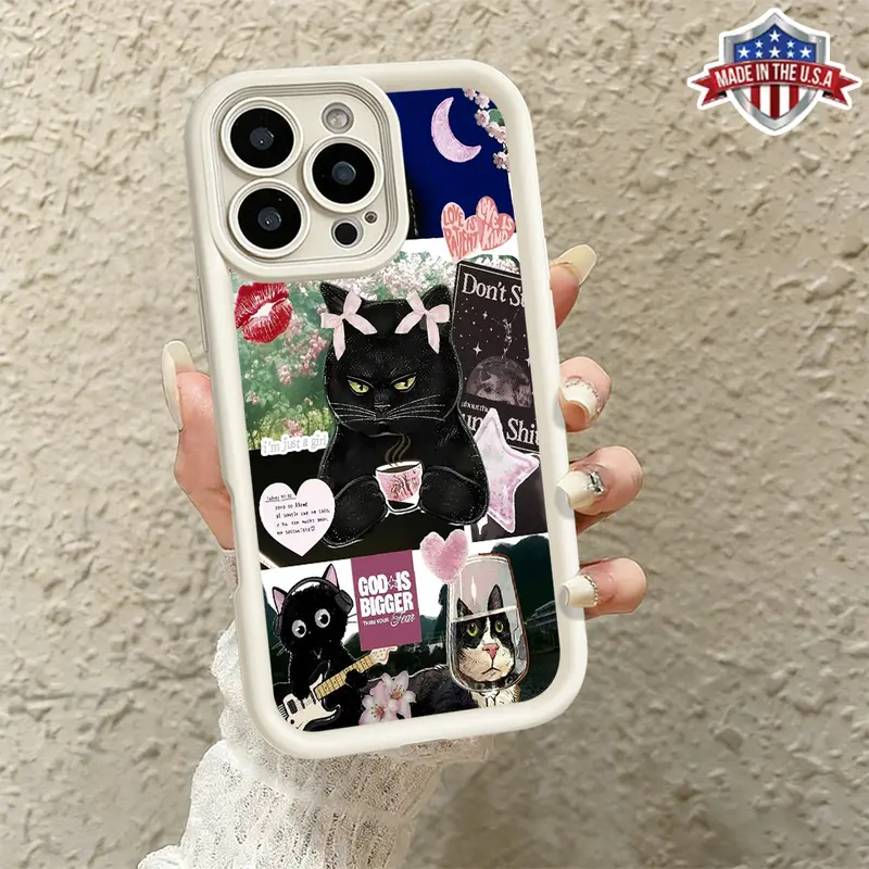 Cute Funny Black Cat Aesthetic Collage Pattern Case for iPhone 17 Pro Max 16 15 14 13 12 11 XR XS Plus Air Slim Shockproof Anti Drop Protective Lightweight TPU Cover