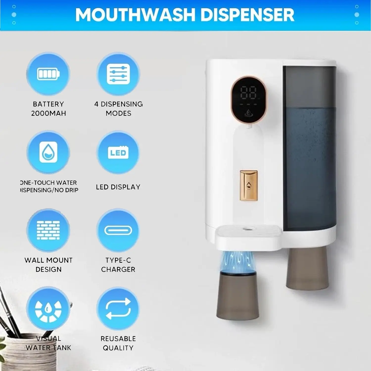 Electric Mouthwash Dispenser 600ML, Desktop/wall-Mounted, LED Display, Magnetic Cups, Touch Control, Bathroom Installation