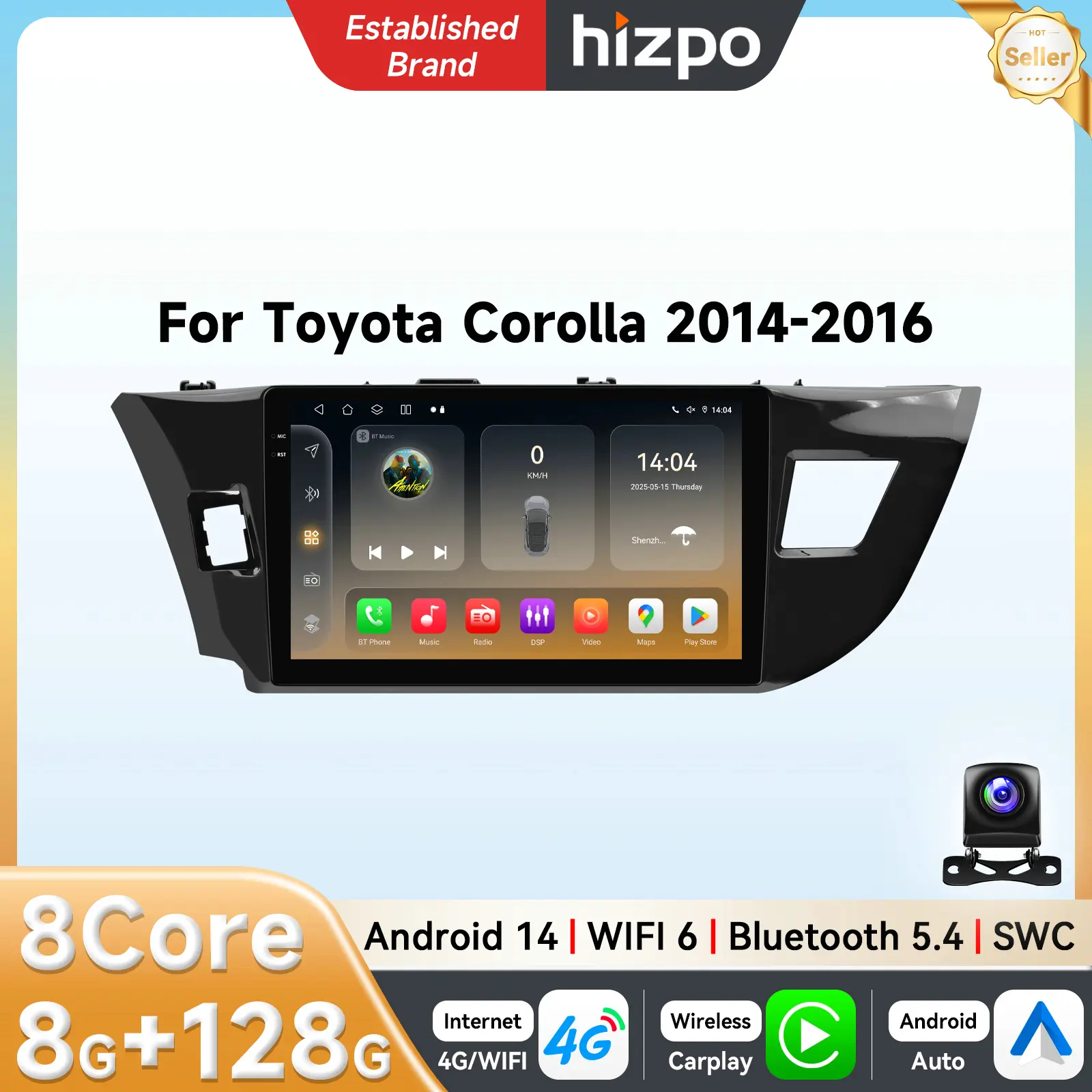 Hizpo 2 Din Android Car Radio with 4G, WIFI, GPS Navigation, CarPlay - 6115 Screen Multimedia Player for Toyota Corolla E140/E150 (2014-2016)