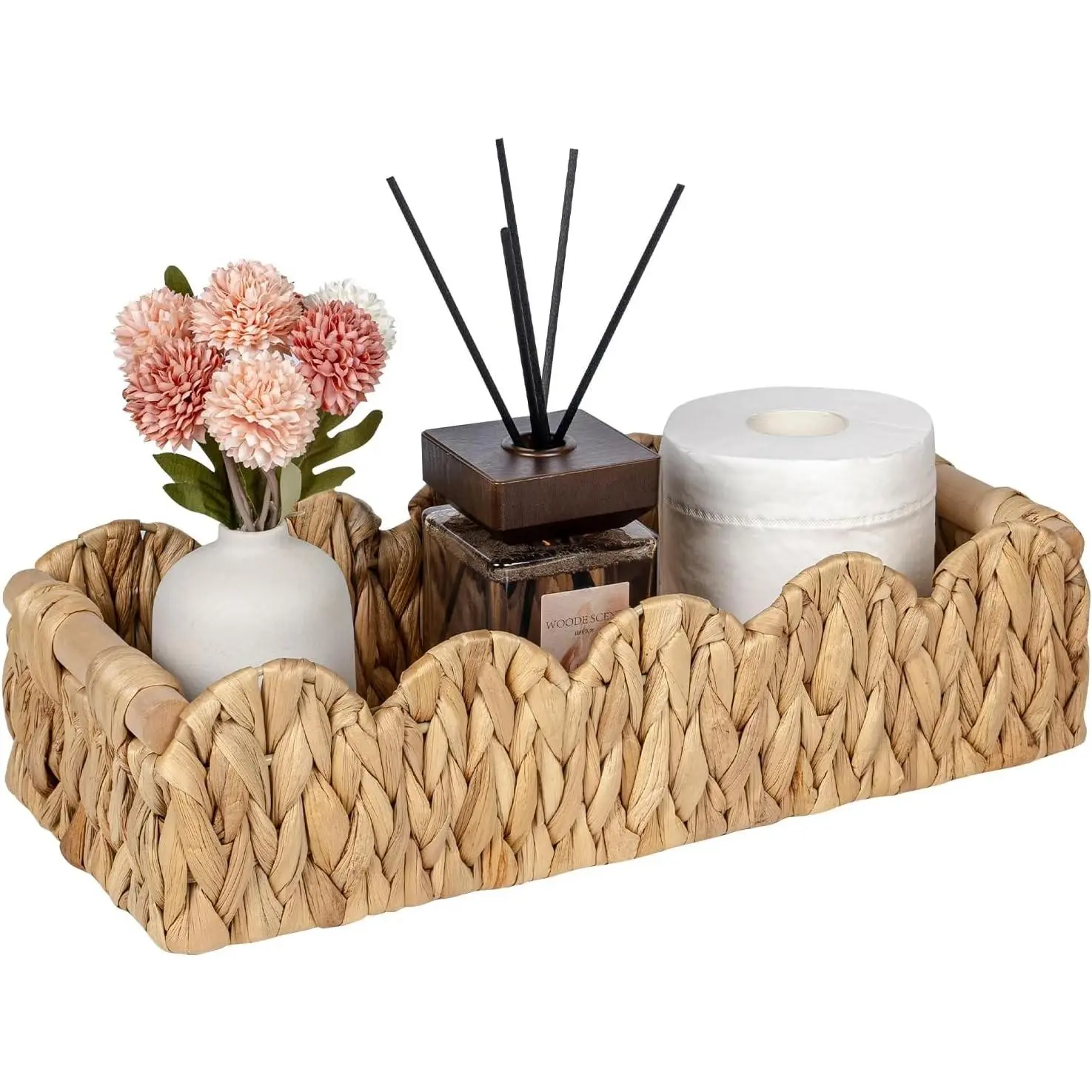 Wicker Bathroom Basket Tray Organizer w/Scalloped for Toilet Paper, Small Rattan Decorative Basket for Bathroom Decor, Farmhouse Home Decor, Living Room and more, Natural Water Hyacinth