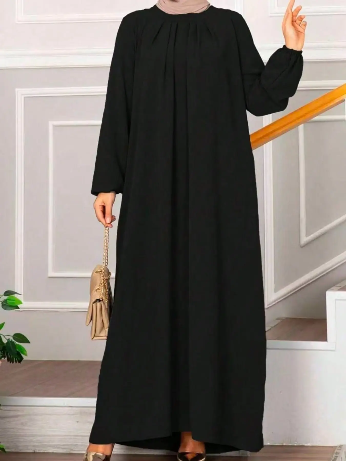 Elegant Middle Eastern Solid Color Pleated Long Dress, Chic Formal Wear, Formal Evening Gown for Women, Slim Fit Conservative Party Dress, Perfect for Events