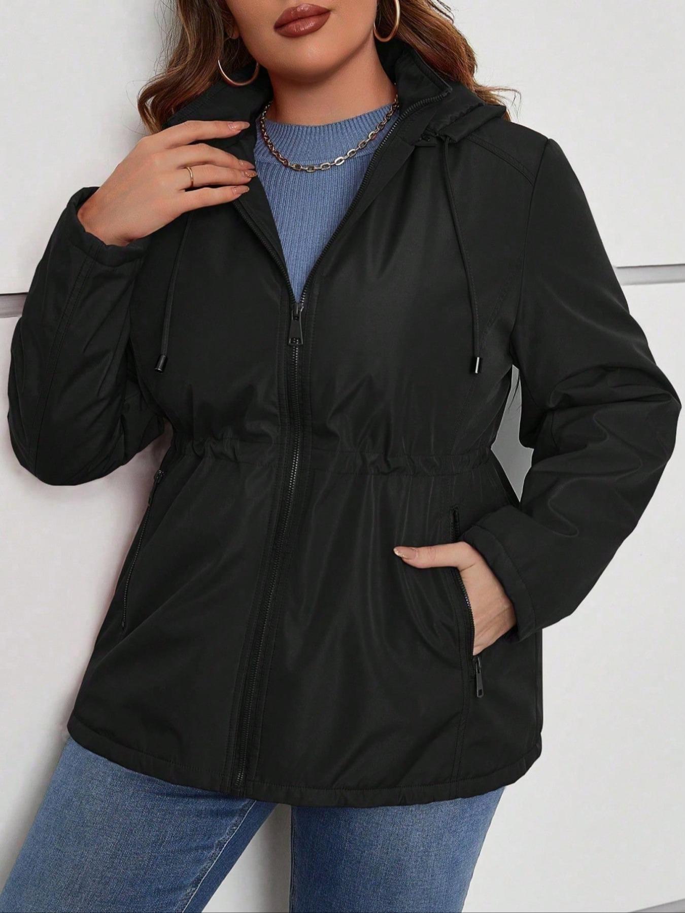 Women's Plus Size Cotton Jacket, Hooded Spring Fall Coat, Waist Drawstring Pocket Casual Outerwear, Warm Winter Thin Cotton Vest