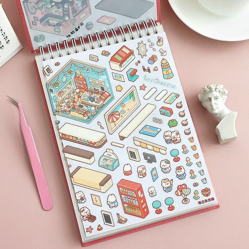Miniature Scene Collection Book with 20 Scene Cards, 25 Stickers and 1 Tweezers, 3D DIY Decorative Sticker Book Gift Wrapping Set