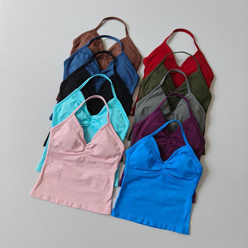 Longline Strappy Seamless Yoga Tank Top Ruched Backless Gym Workout Sleeveless Shirts with Built-In Bra Vest for Women