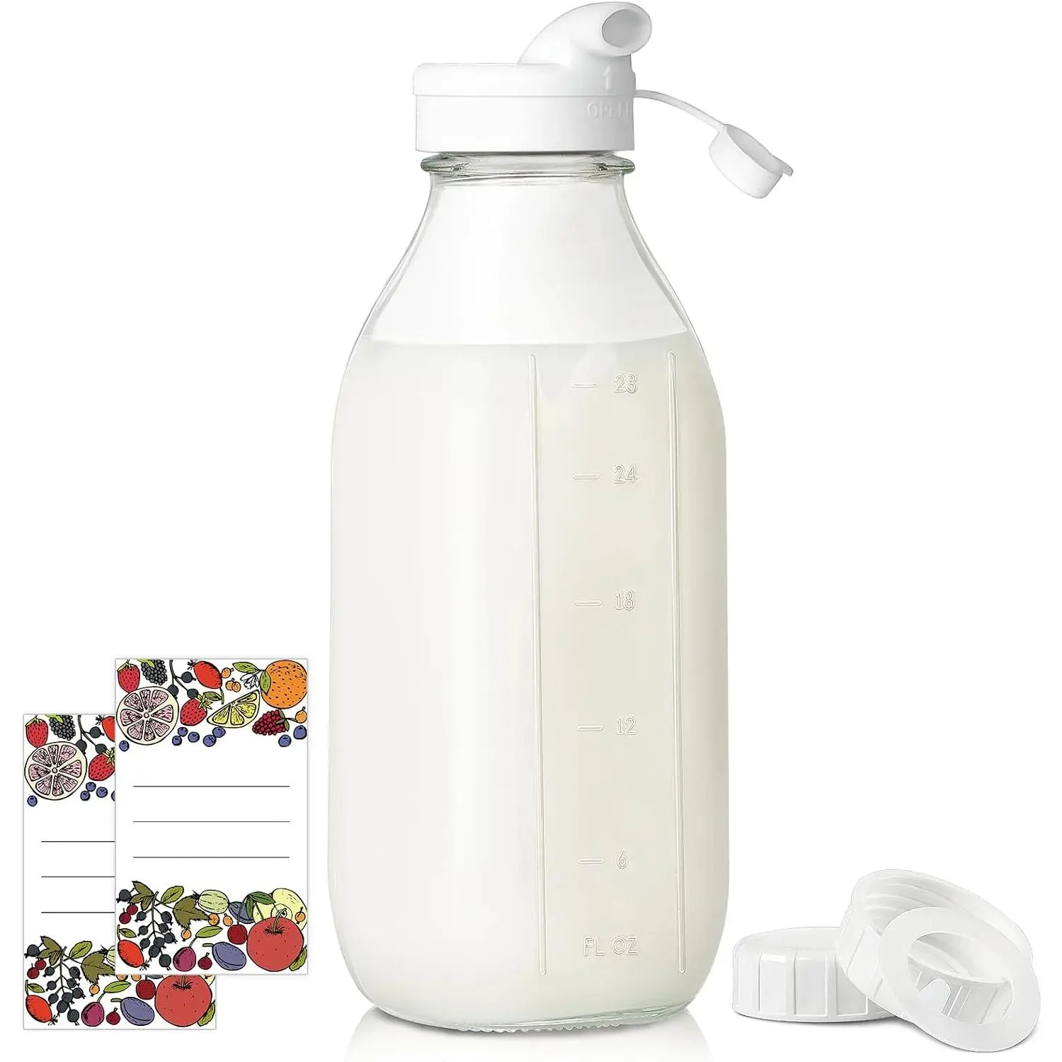 32 Oz Glass Milk Bottle with Airtight Lid,Scale Marks,Extra Lid | Includes  Screw Lid,Marker Pen and Wide Mouth for Glass Juice Bottle,Homemade Juice,Refrigerator Storage & Smoothies