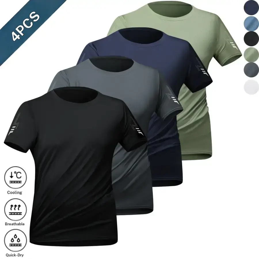 Set of four men’s short sleeve shirts featuring side reflective prints. Urban casual style with a crew neck; the short sleeves combine with side reflective print design that outlines lines for refined details. Lightweight, breathable fabric drapes comfort