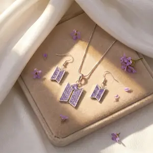 Women's Y2K Purple Crystal Geometric Jewelry Set — Silver Earrings & Necklace + FREE Kpop Lightstick Necklace — Perfect Concert Fan Gift