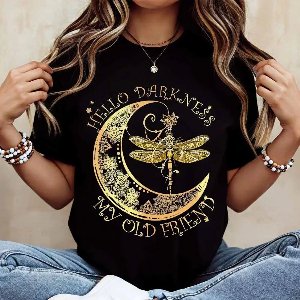 Women's Casual Fit Short-Sleeve T-Shirt, "Hello Darkness My Old Friend" Moon & Fly Print Top for Everyday Wear, Shortsleeve, Round Neck, Polyester Womenswear Black, T Shirts, Printed Moon, Fly Motif, Graphic Tees Women, Women's Tops, T Shirts For Women
