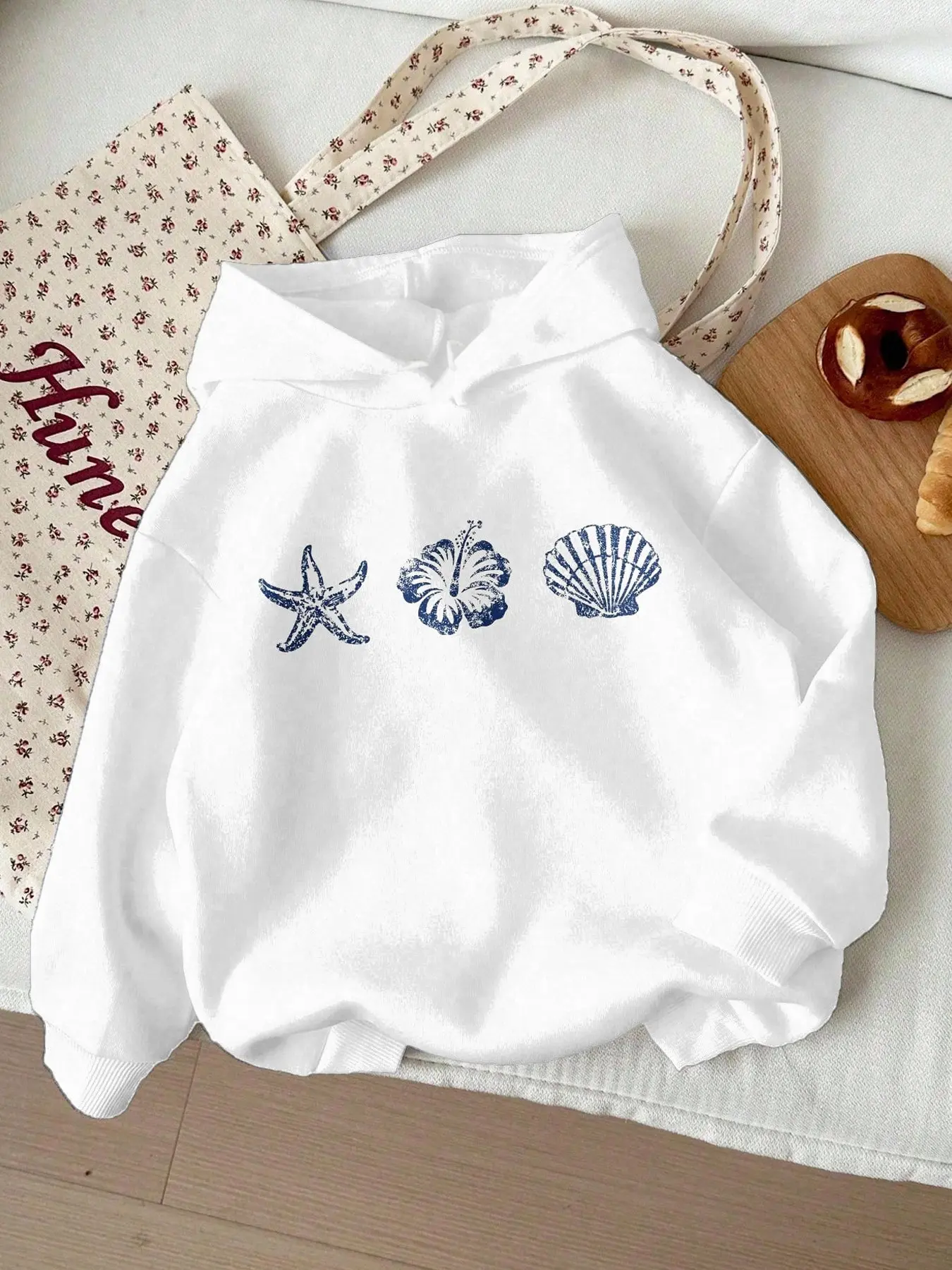 Women's Thickened Hooded Sweatshirt, Starfish Flower Shell Print, Casual Drawstring Design, Fall Winter Unisex, Perfect Gift