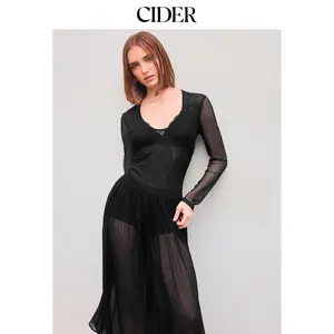 Cider [size 0-10] Mesh Scoop Neckline Solid See-through Maxi Dress Dealsforyou