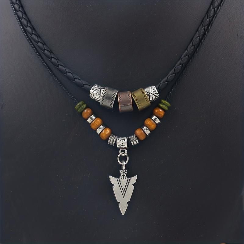 Men's Vintage PU Necklace with Tribal Arrow Pendant Layered Stacked Rope Bead Design, Beaded Jewelry Suitable for Casual & Formal Occasions, Durable for Casual Attire or Special Events