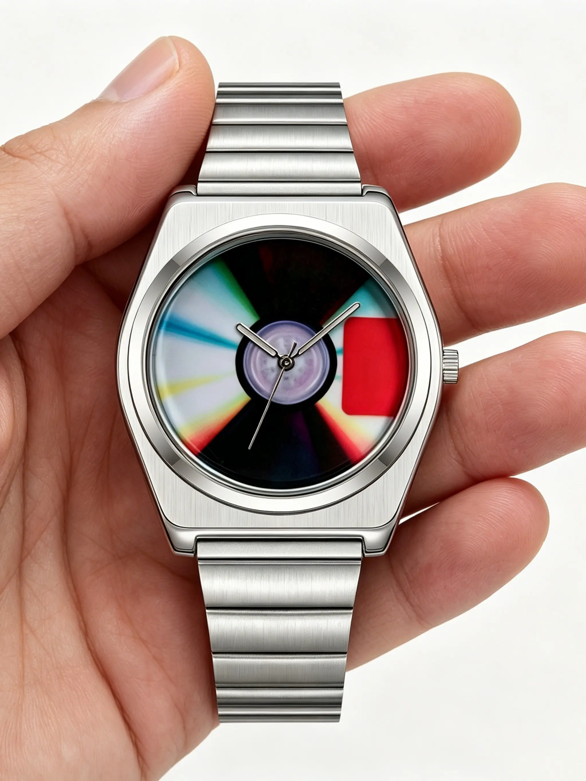 Men's Quartz Watch, Colorful Patchwork Dial, Stainless Steel Strap, Hip-Hop Style, Waterproof, Night Light, All Seasons, Gift Idea