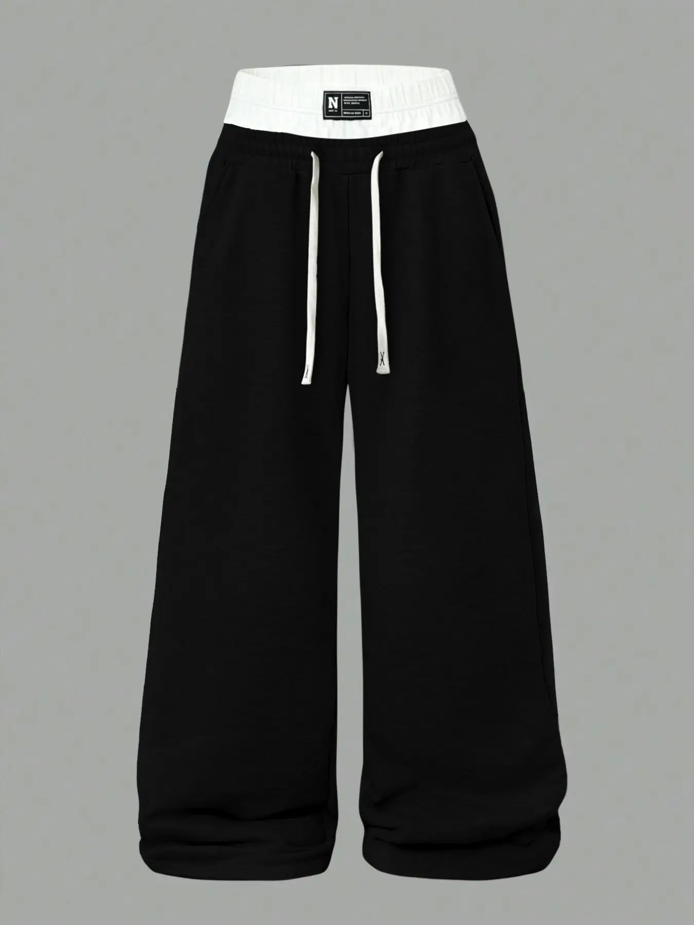 1 Pack Men's Oversized Wide Leg Trousers Fashion Streetwear Aesthetic Layered Waist Band Color Block Patchwork Loose Fit Sweatpants Male Tracksuit Bottoms Casual Black
