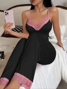 2 Piece Contrast Lace Lingerie Sleepwear Set, Adjustable Strap Cami & Flare Pants, Casual Home Loungewear, All Seasons, Slim-Fitting