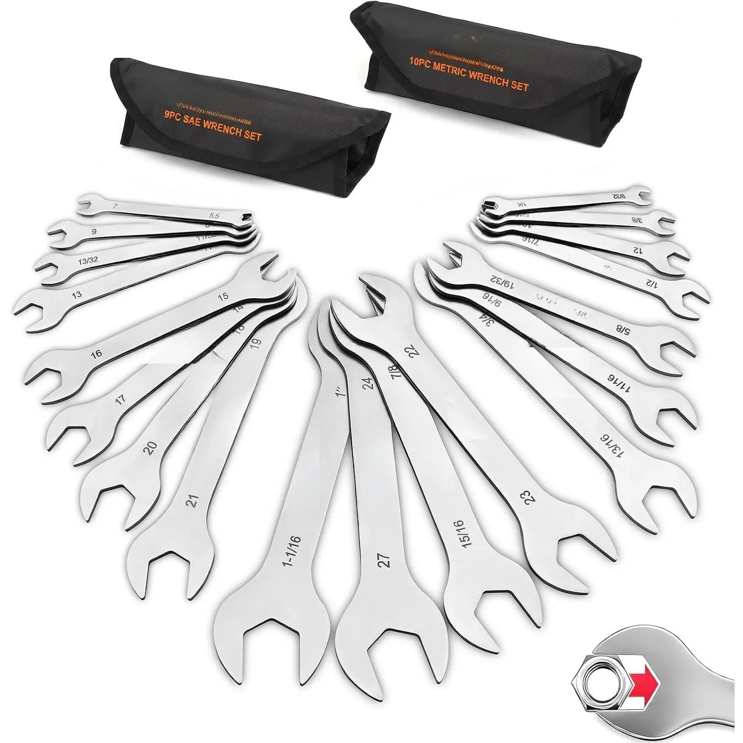 Thin Wrenches Set | SAE | 9- | Including 1/4" - 1" |  Wrench Set | Thin Open End Wrench Set with Rolling Pouch