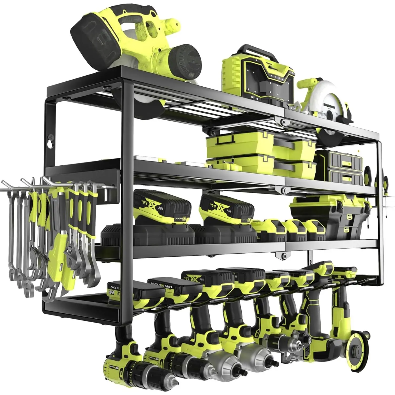4 Layer Power Tool Organizer Wall Mount,  Tools Holder with  Station Shelf, Cordless Drill Hanger Storage Rack for Garage Organization, Workshop, Pegboard - 32 Inch 8 Slots
