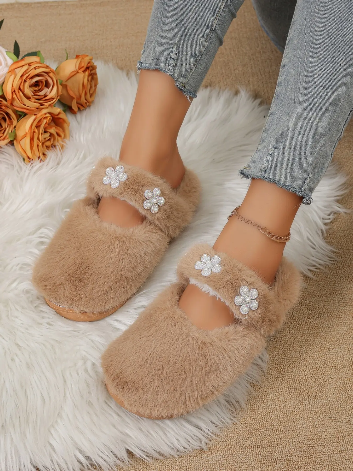 Women's Large Size Plush Slip-On Shoes, Cute Plain Design, Fall & Winter Warm Home Slippers